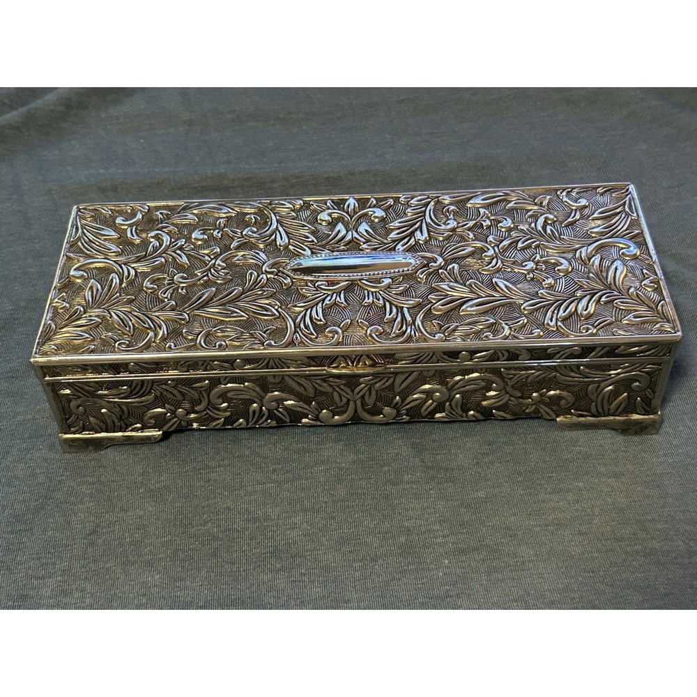 Godinger Silver Plated Jewelry Box Vintage Baroque Ornate Floral Design Mirror